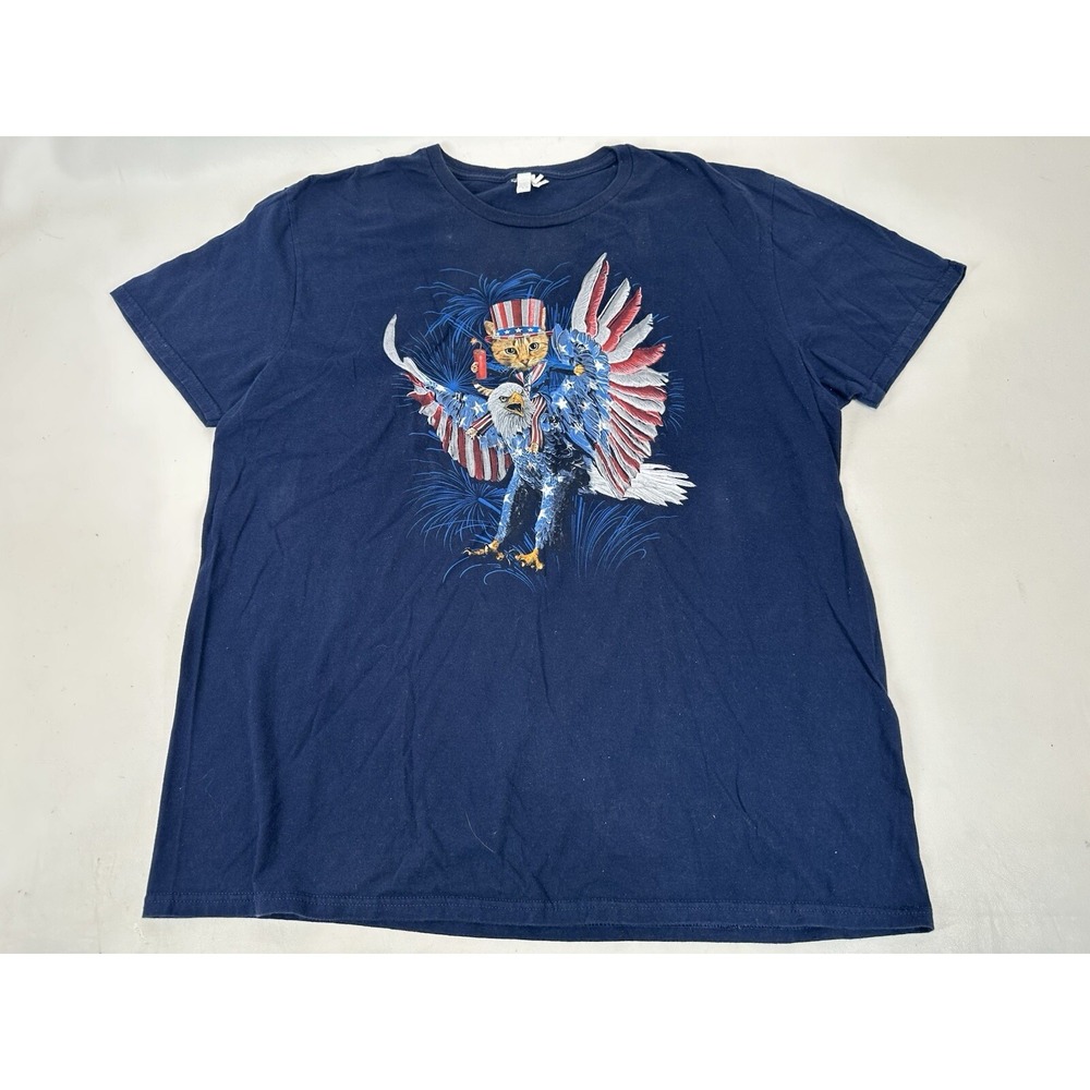 Cat Riding American Eagle Patriotic Graphic Print T-Shirt Blue Men Size XL